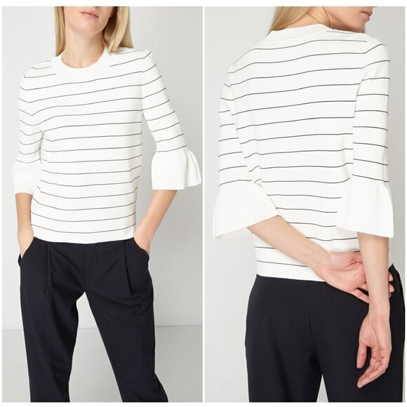 Boss Hugo Boss Fenella White Black Stripe Knit Pullover‎ 3/4 Bell Sleeves Sz M - Picture 1 of 16